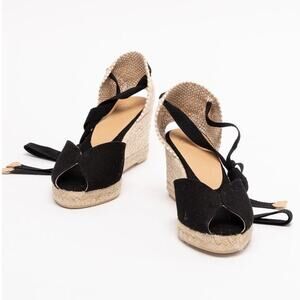 NWT Castaner Bilina Canvas Ankle Strap Espadrille Wedge Sandals Black Women's 9